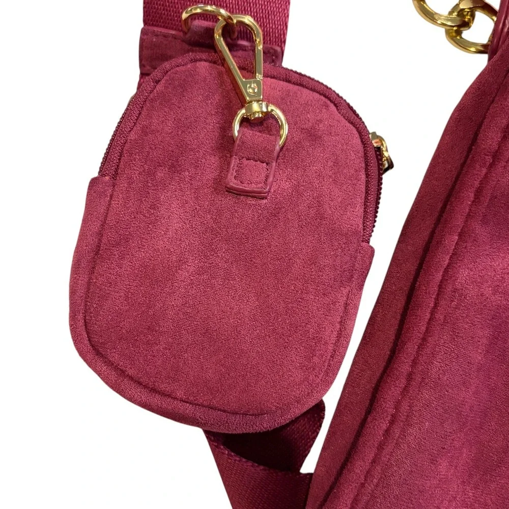 Ah-Dorned Burgundy Suede Crossbody‎ Hobo Bag w/ Mini Pouch Gold Hardware